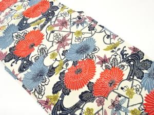 塩瀬型染荒波に雲・草花模様名古屋帯